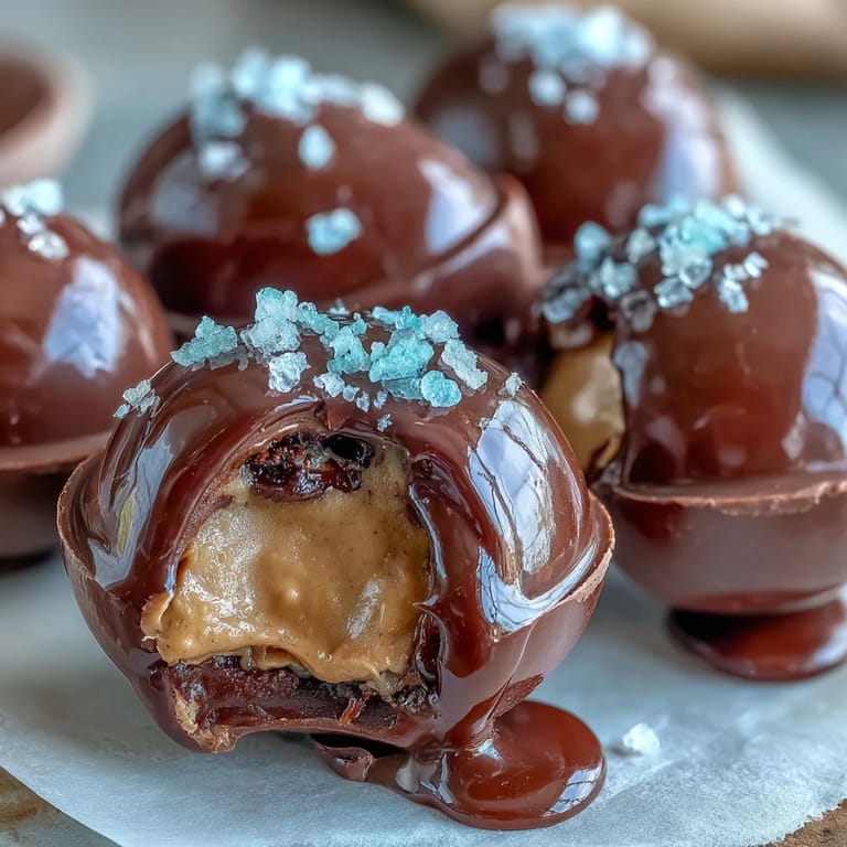 Creamy peanut butter-filled dark chocolate Easter eggs finished with sea salt, creating a gourmet homemade candy perfect for holiday sharing.