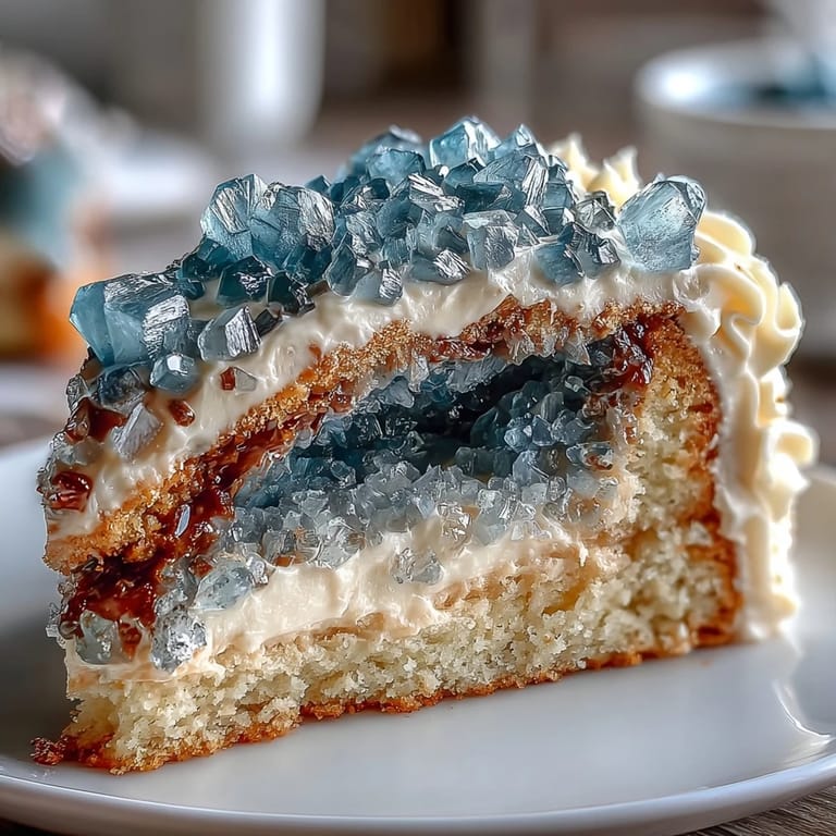 Close-up of a graduation cake featuring a teal and gold geode slice, with edible crystals and metallic accents.