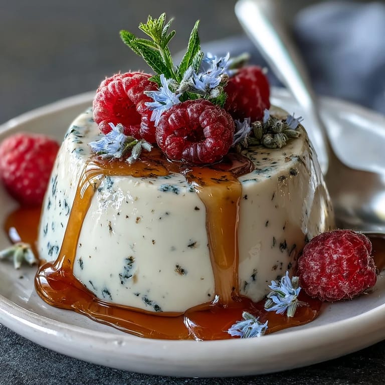 Elegant honey lavender panna cotta dessert with golden honey drizzle and vibrant berry garnish, served in chilled glasses.