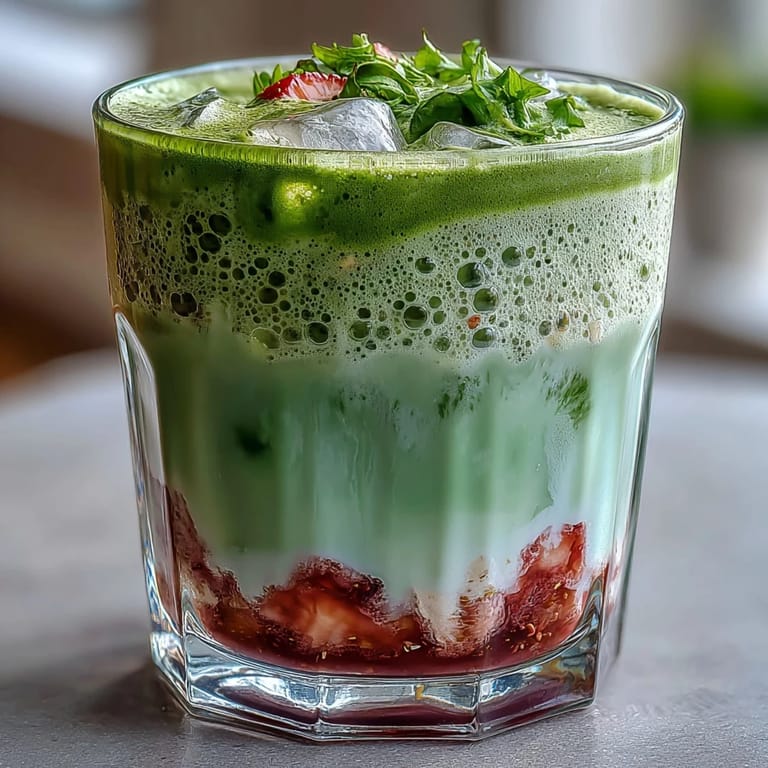 Refreshing Strawberry Matcha Latte with Oat Milk in tall glasses, layered with sweet strawberry puree, smooth oat milk, and earthy matcha, perfect for a vegan summer treat.