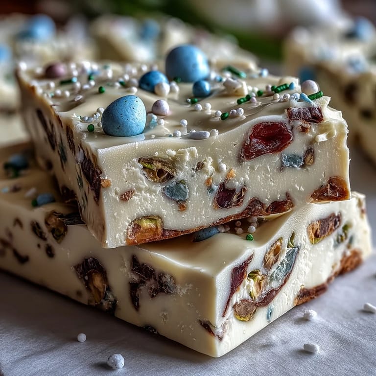 Sweet white chocolate Easter bark, adorned with chopped eggs and nuts, a perfect Easter treat.