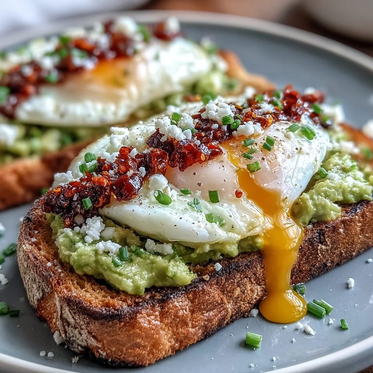 Golden toast piled high with smashed avocado, topped with a perfect poached egg and chili crisp.