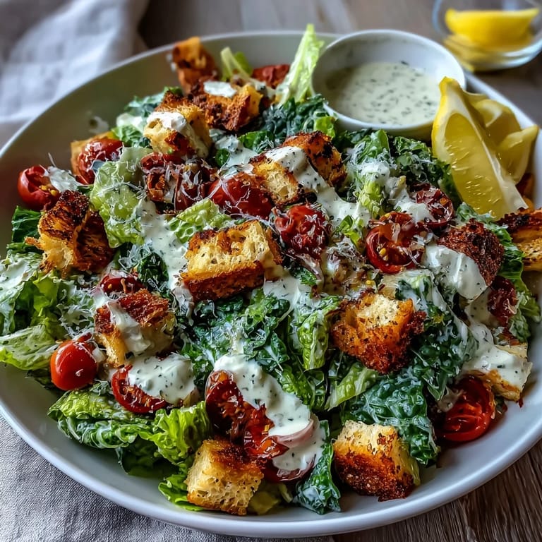 Savory tahini Caesar salad, perfectly dressed and ready to serve.