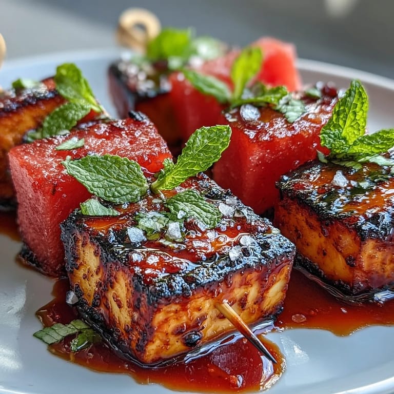 Golden grilled halloumi skewers with juicy watermelon and fresh mint.