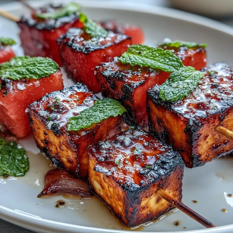 Appetizing halloumi skewers with watermelon, perfect for summer grilling.