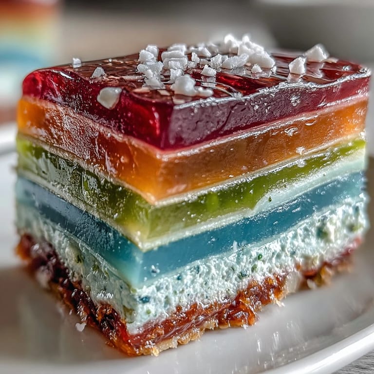 Luscious agar-agar layers sparkle in this colorful rainbow jelly cake and coconut dream.