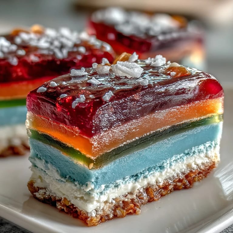 Delectable slice of rainbow jelly cake, a dairy-free delight with smooth coconut cream.