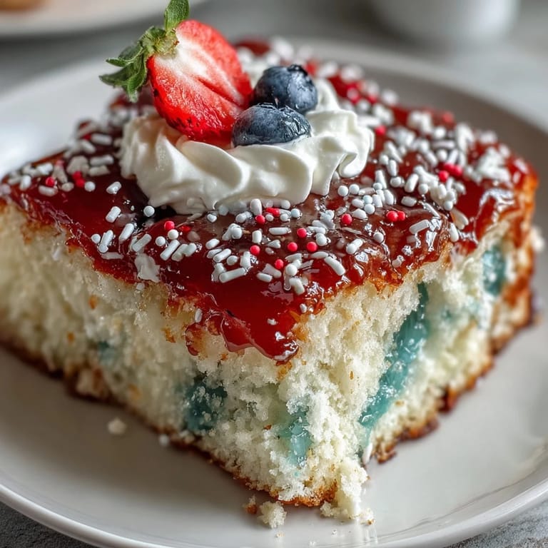 Festive poke cake bursting with patriotic colors, perfect for your summer gathering.