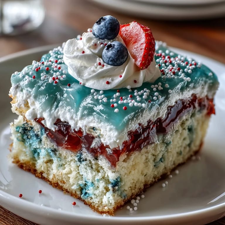 Enjoy this Memorial Day Red White Blue Poke Cake, a delightful, sweet, layered dessert.