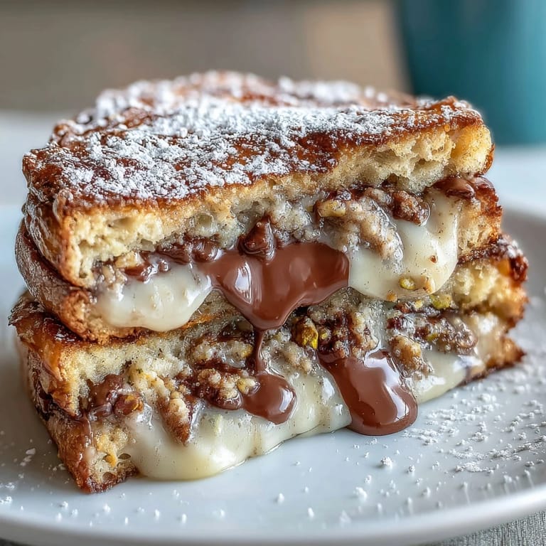 Plated Dubai Chocolate Pistachio Croissant French Toast generously dusted with powdered sugar and pistachios.