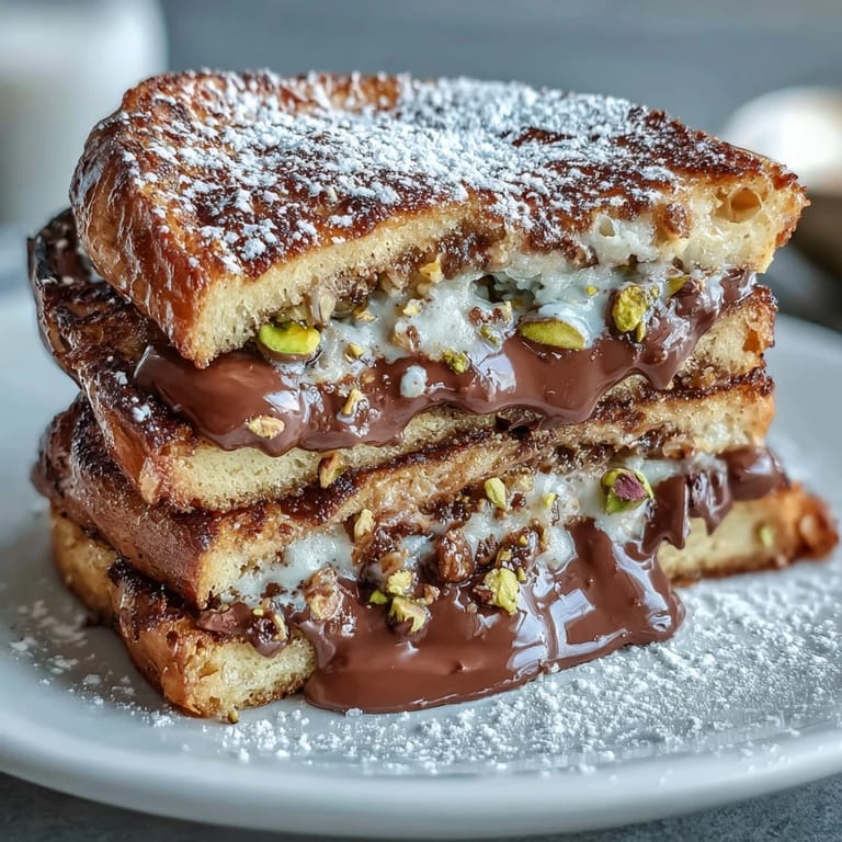 Luxurious Dubai Chocolate Pistachio Croissant French Toast, a sweet breakfast masterpiece ready to be savored.