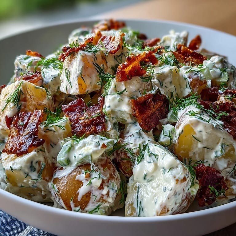 Festive potato salad with crumbled bacon, ready for your barbecue.