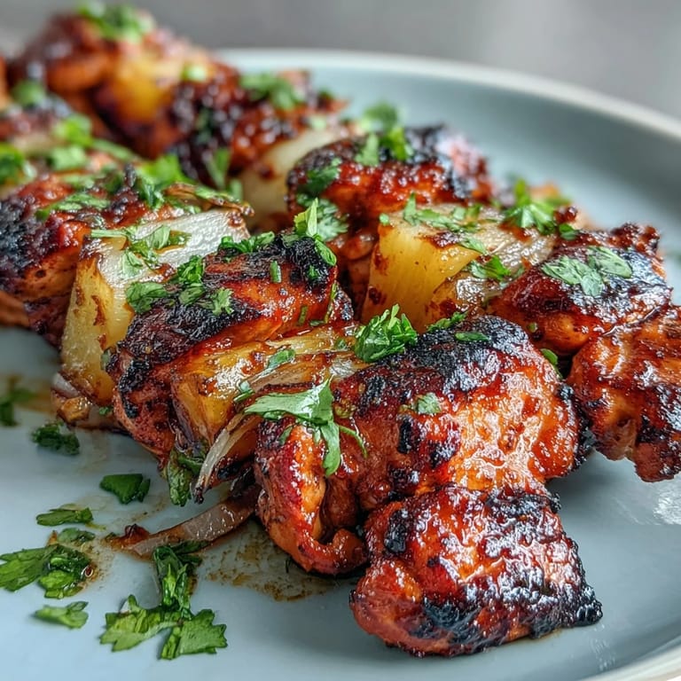 Savory Chicken Al Pastor Skewers with tender chicken and sweet pineapple chunks.