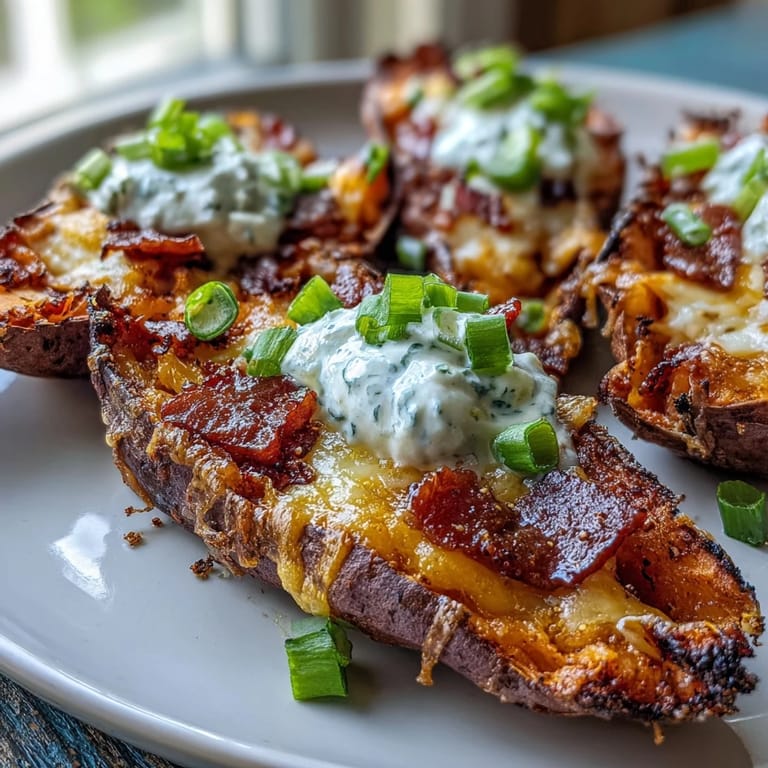 Golden-brown loaded sweet potato skins topped with tangy sour cream and fresh green onions.