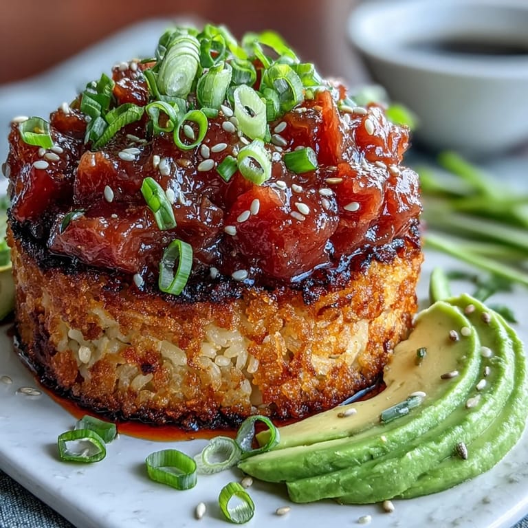 A delicious serving of pan-fried spicy tuna crispy rice squares.