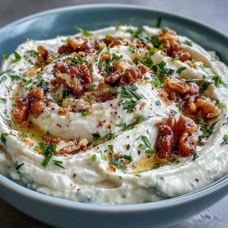 Smooth and tangy whipped feta dip drizzled with honey, sprinkled with chopped walnuts and lemon zest, ready for dipping.