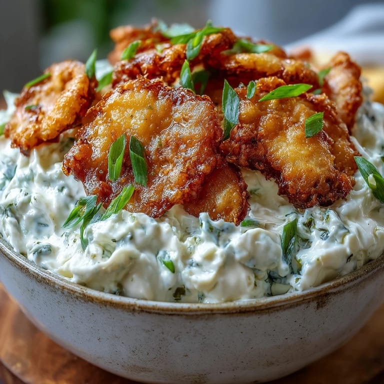 Tangy fried pickle dip with ranch and cream cheese, ready for dipping.