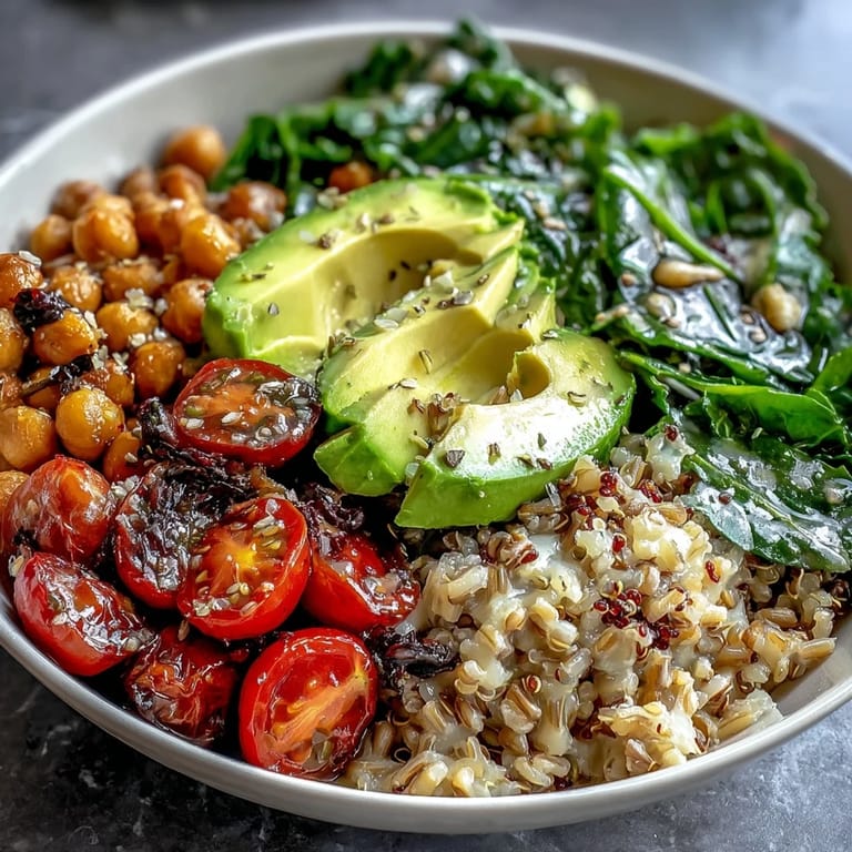 This ancient grains bowl showcases tender farro, fluffy quinoa, and hearty chickpeas.