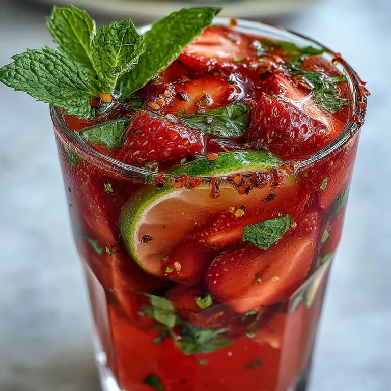 Vibrant Frecy Strawberry Chili Limeade Mocktail, a cool, non-alcoholic drink perfect for parties, garnished.