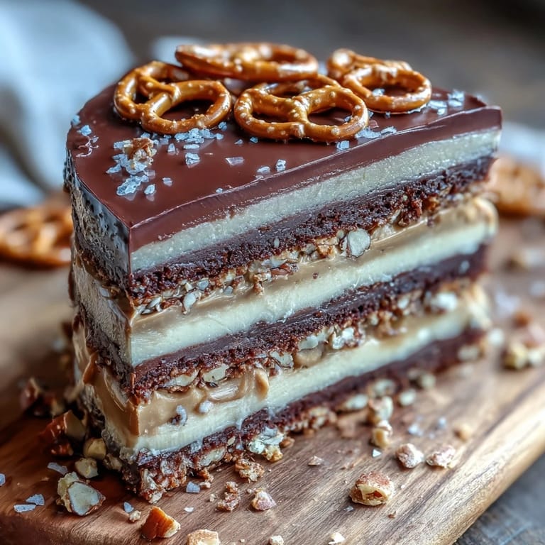 A slice of Father's Day Chocolate Peanut Butter Pretzel Cake with creamy filling.