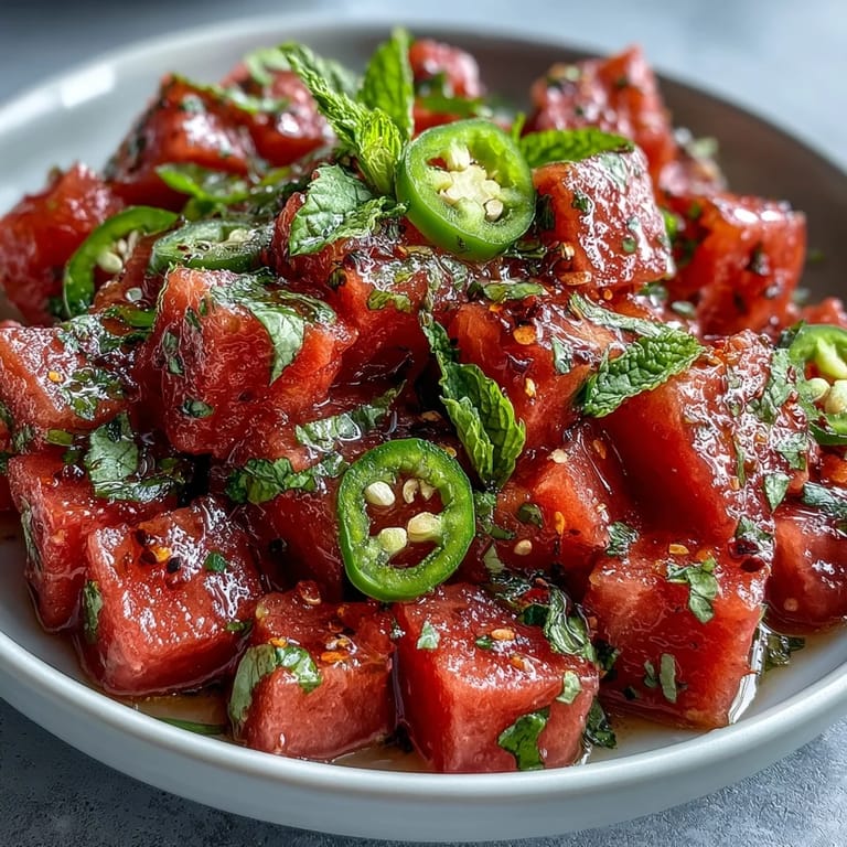 Chilled watermelon chili lime salad, vibrant with spice and cooling mint.
