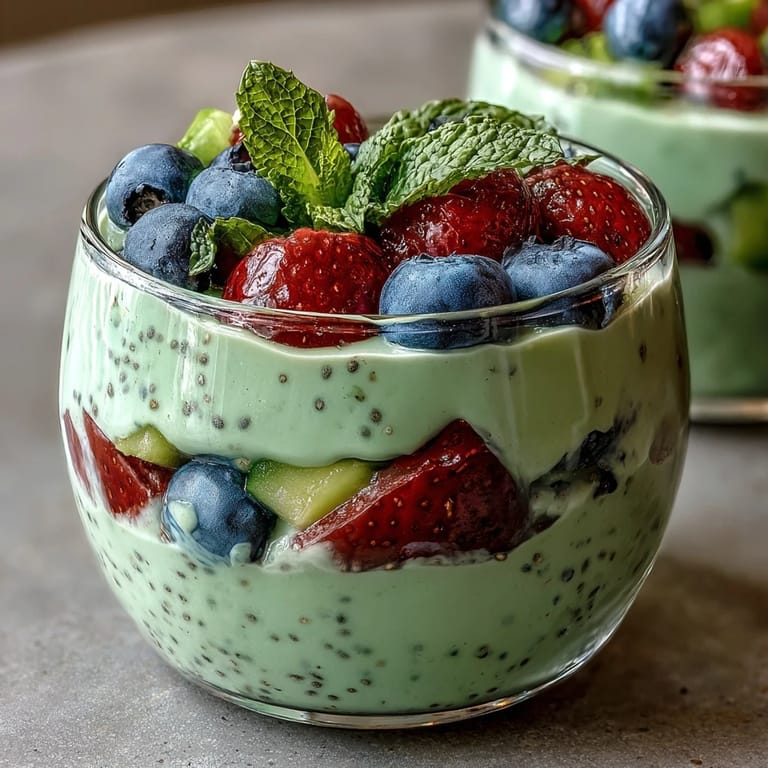 A vibrant fiber-rich avocado chia pudding parfait served in a glass with granola topping.