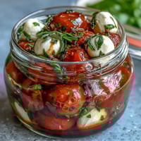 Mason Jar Caprese Salad with cherry tomatoes, mozzarella, and basil, drizzled with balsamic glaze for a fresh, portable lunch.  
