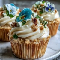 Delicate vanilla cupcakes with buttercream frosting, beautifully decorated with colorful edible spring flowers for a fresh and elegant dessert.