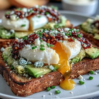 Chili crisp avocado toast with creamy avocado, runny poached egg, and spicy chili oil.