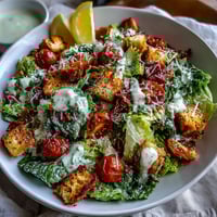 Creamy tahini Caesar salad with crisp romaine, tossed in tangy dressing.