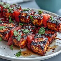 Grilled halloumi skewers with watermelon and mint, ready for the grill.