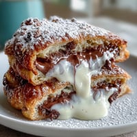 Golden brown Dubai Chocolate Pistachio Croissant French Toast, warm and oozing with decadent chocolate.