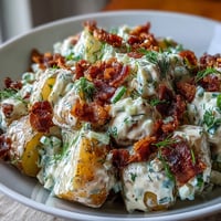 Delicious dill and bacon potato salad, loaded with crispy bacon bits.