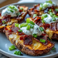 Loaded sweet potato skins piled high with cheese and bacon, a savory appetizer.