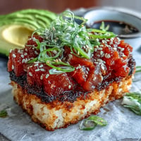 Golden crispy rice topped with creamy, vibrant spicy tuna mixture.