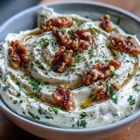 A creamy whipped feta dip topped with golden honey, crunchy walnuts, and fresh herbs, served with warm pita bread.