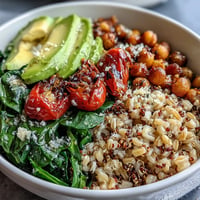 Hearty ancient grains bowl with farro, quinoa, and chickpeas, vibrant with fresh vegetables.