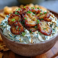 Creamy fried pickle dip topped with golden, crispy fried pickle slices.